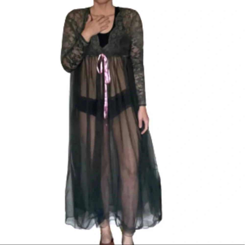 Mad men style Vintage 1960s sheer grey black long sleeve lace sexy nightdress - Picture 6 of 9